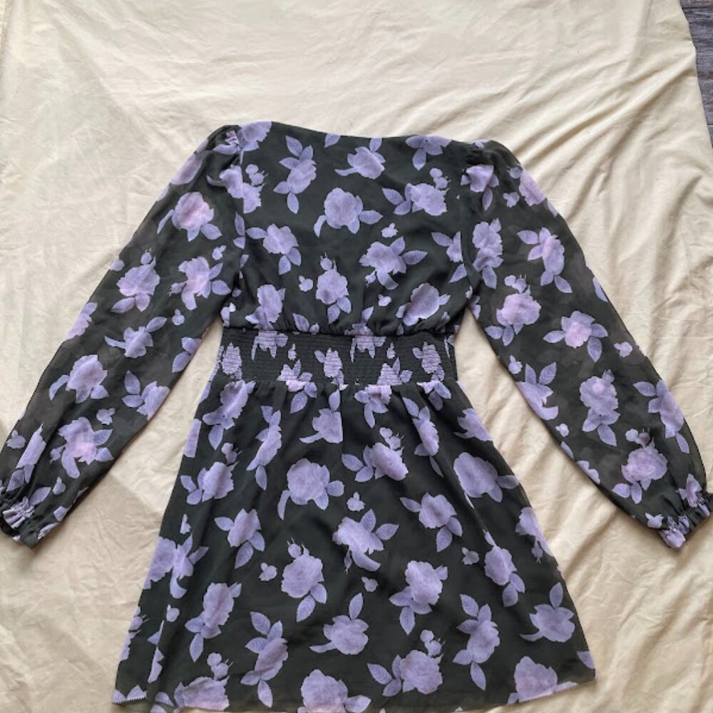 Wilfred | Black & Lavender Floral Long Sleeve Mini Dress | Size M - Picture 2 of 3